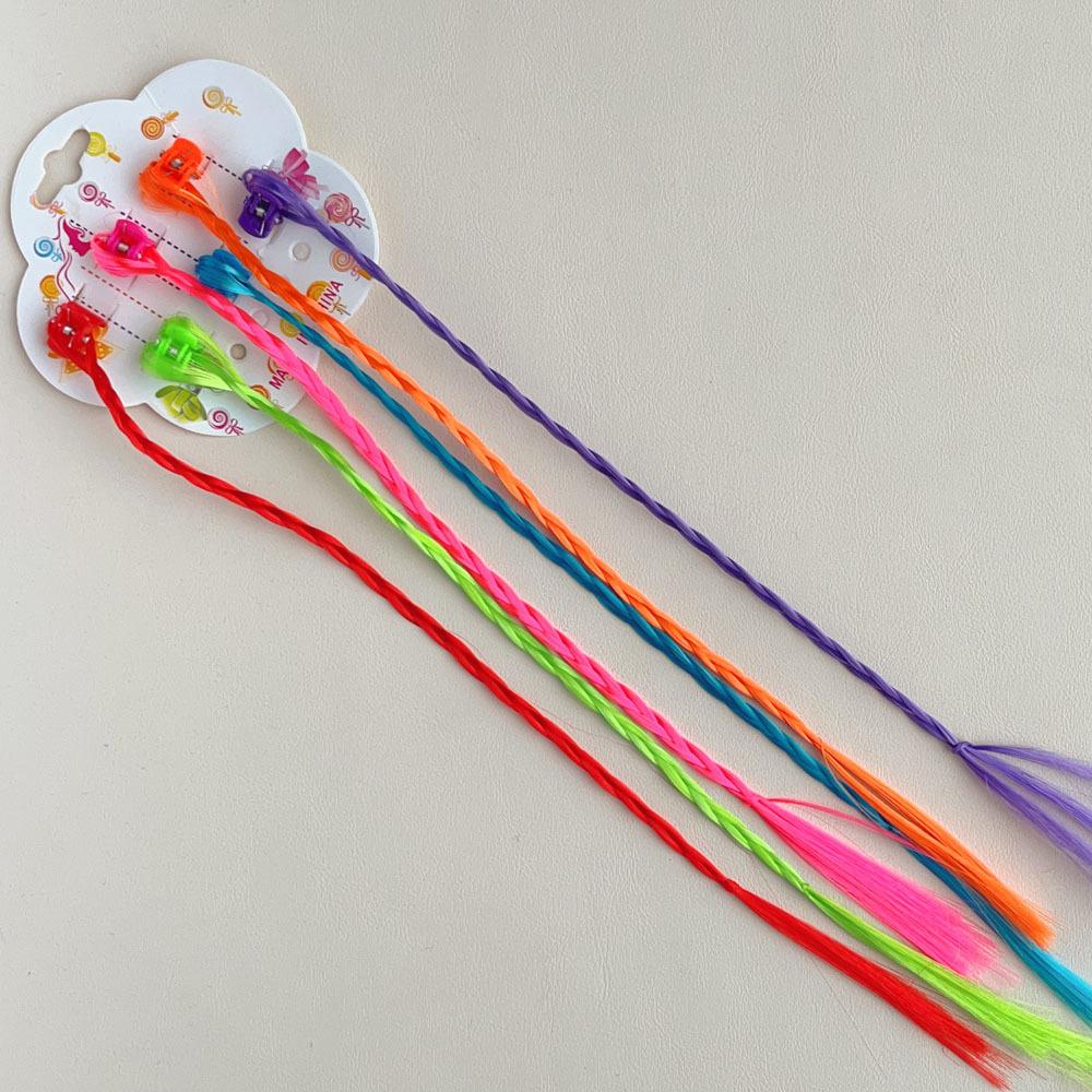 6Pcs/Set Colorful Rainbow Braided Hair Extensions with Clips Girls Ponytail Hairpieces Kids Hair Accessories
