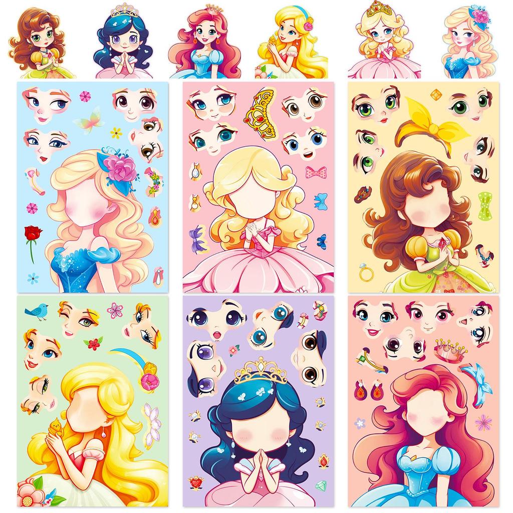 Princess Face Swap Puzzle Stickers: 6-48 Sheets/Pack - Cartoon Make-A-Face Toy