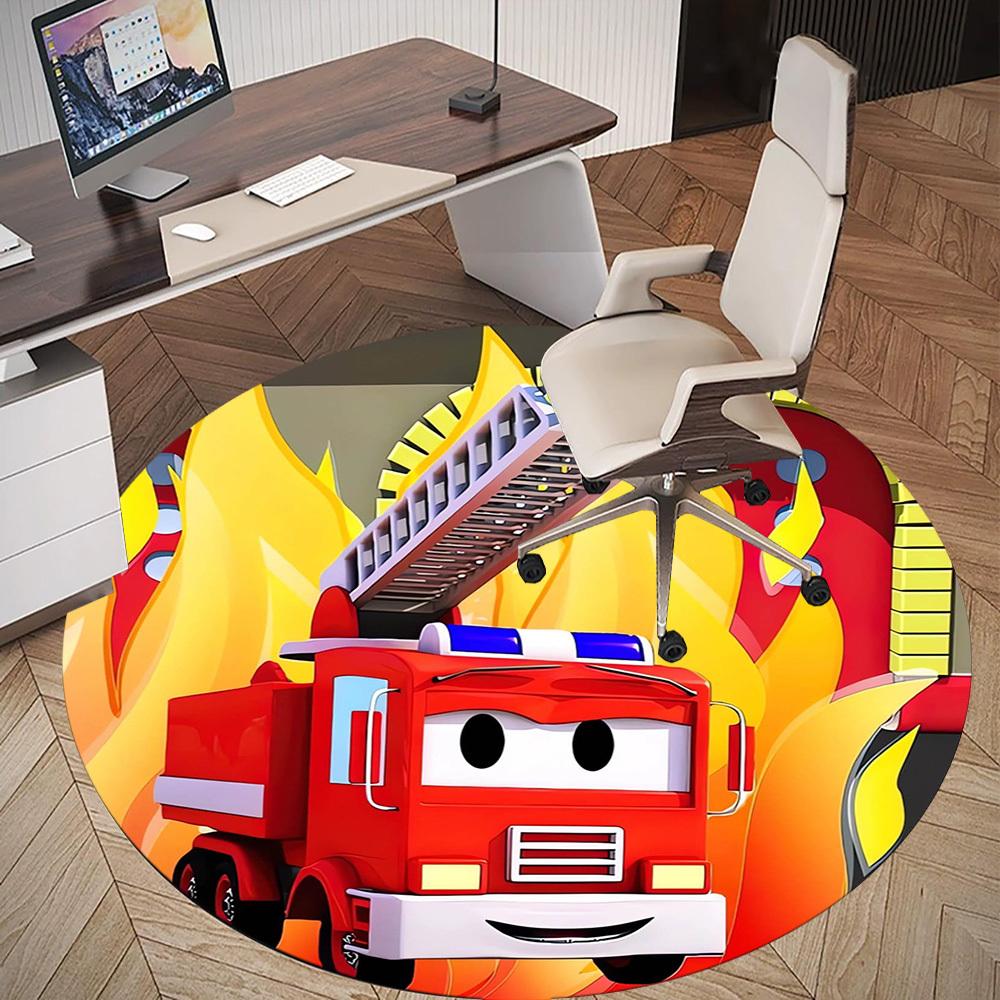 1pc Fire Truck, Flames Round Chair mat Area Rug - Non-Slip, Floor Mat for Office, Bedroom, Ideal home decor Christmas Gift p0811461