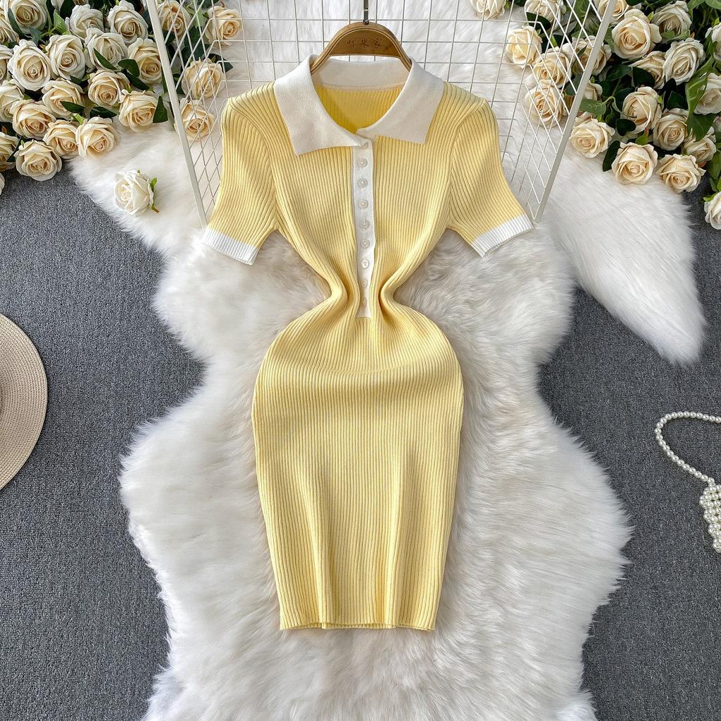 Xiaoxiangfeng temperament contrasting colors single-breasted lapel short-sleeved knitted dress women's summer waist and thin hip-wrapped short skirt