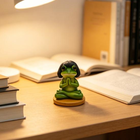 Meditation Frog Figurine, Bob Haircut Resin Frog Statue, Sitting Animal Sculpture Decoration for Yoga Room, Home, Office