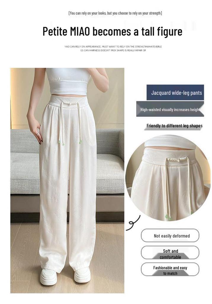 2025 Spring/Summer Women's Jacquard Satin Wide-Leg Pants: High-Waist, Buttoned, Slim-Fit, Casual Trousers.