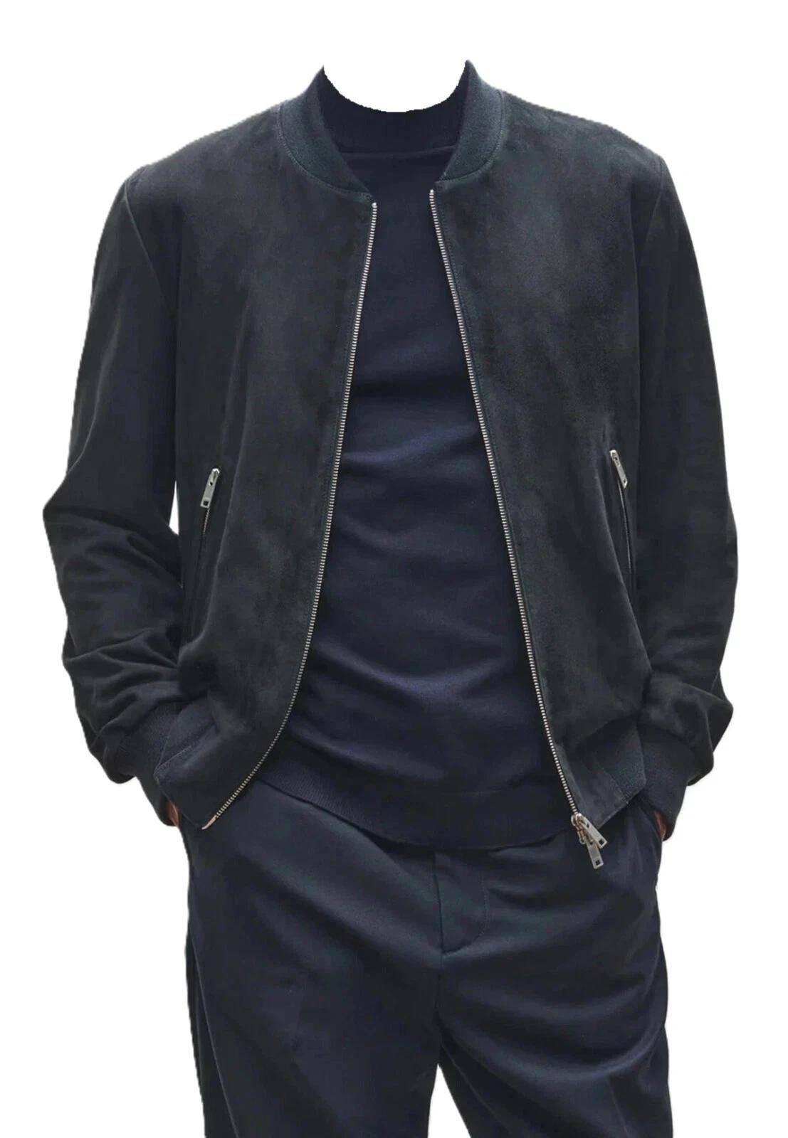 

Куртка на молнии ручной работы мужская замшевая темно-синяя куртка-бомбер мягкая натуральная байкерская из овчины стильная XL темно-синий