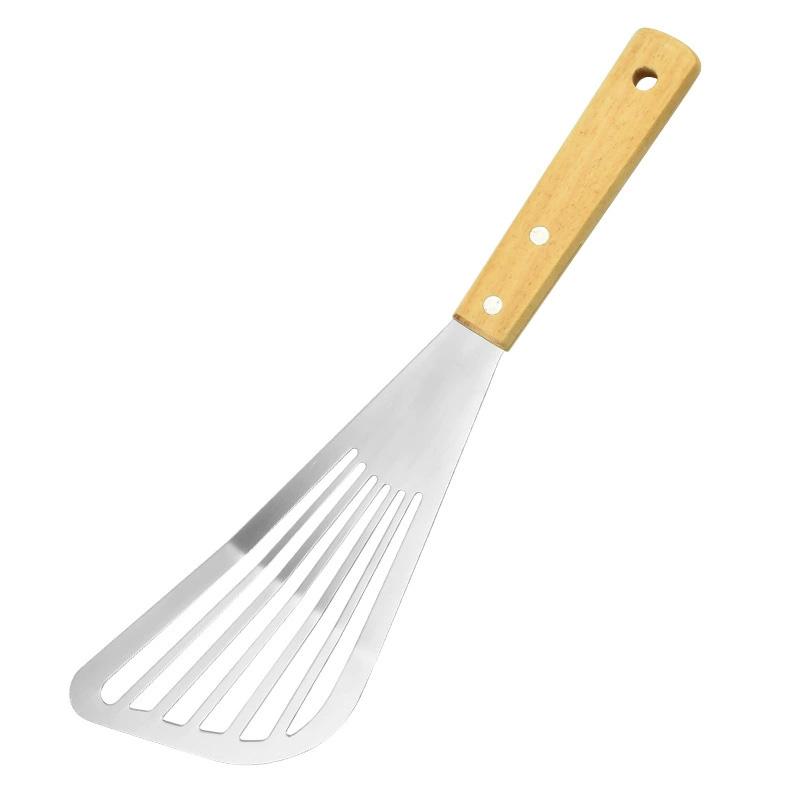 1PC Wooden Handle Non-slip Stainless Steel Kitchen Frying Spatula Cookware Frying Fish Spatula Frying Shovel Leaky Shovel