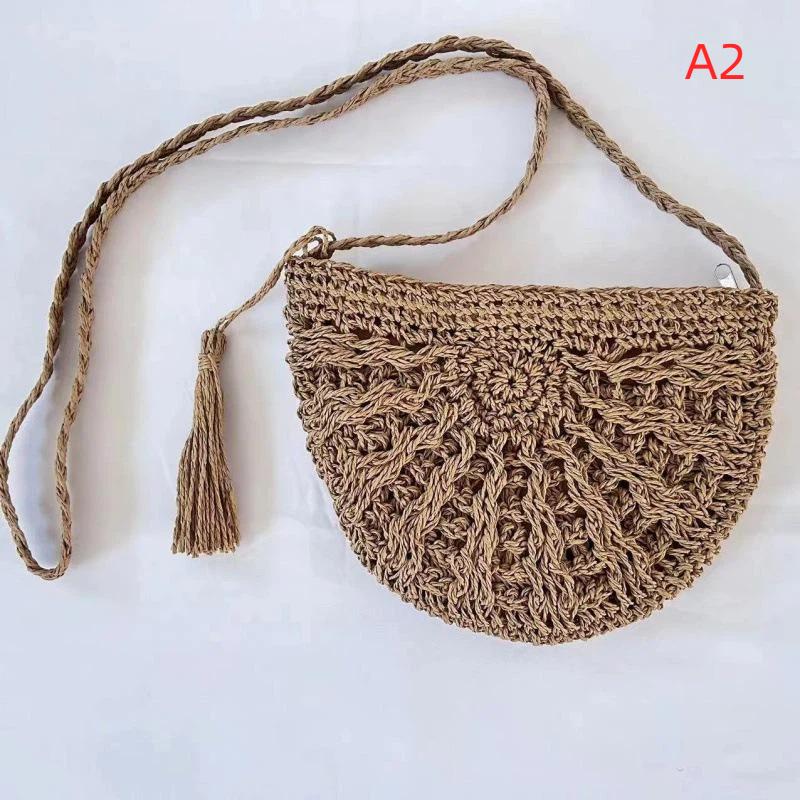 Semicircle Straw Woven Crossbody Bag Tassel Decor Stylish Shoulder Bag for Women Beach Party Daily Wear