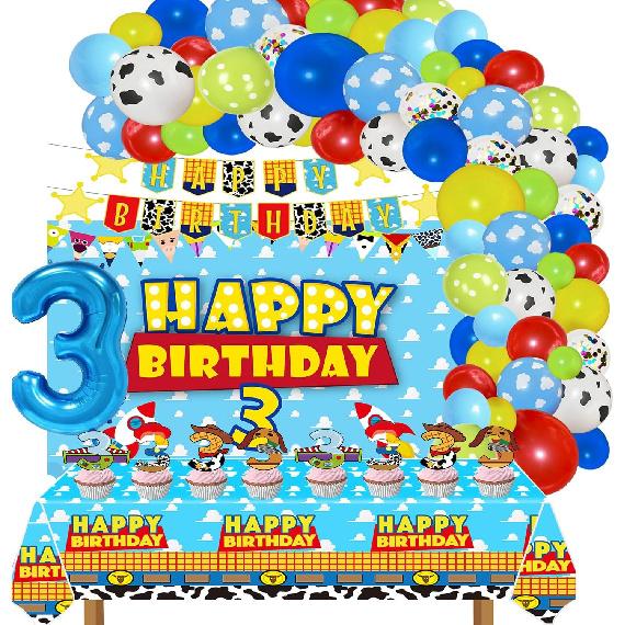 Cartoon Story 3rd Birthday Party Supplies Cartoon Story Backdrop Balloons Tablecloth Cupcake Toppers Banner Cartoon Story Birthday Decorations for