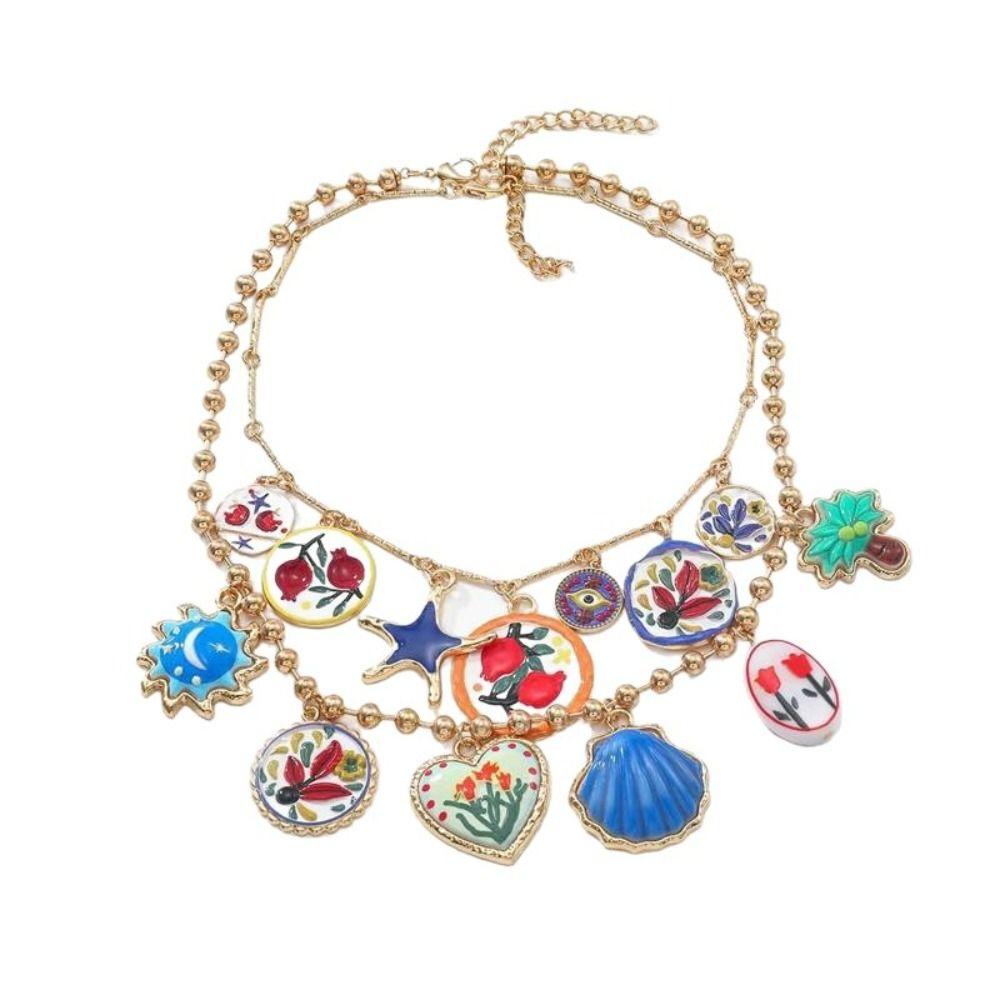 Metal Chain Enamel Floral Necklace Layered Bohemian Collarbone Chain Flower Pendant Necklace Gift