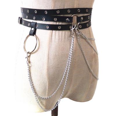 Punkový dámský postroj z umělé kůže, podvazkový pás, řetízek, černý