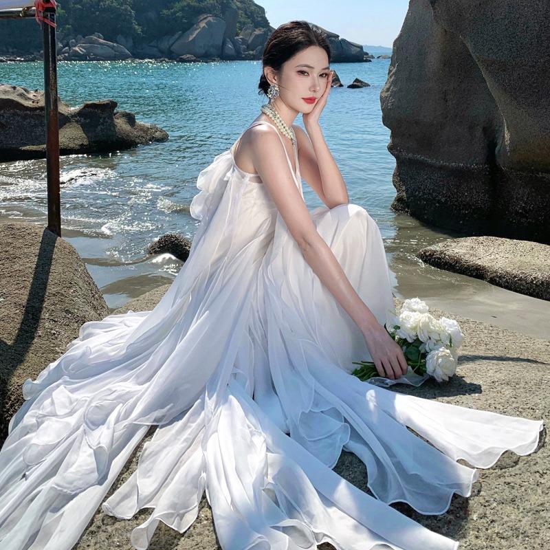 Heavy Industry Laminated Ruffle Leaf Edge Seaside Photo Beautiful Dress Elegant Morning Robe Daily Birthday Dress Beach Dress