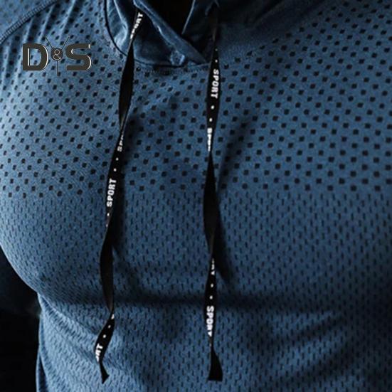 Männer Sport Top Kordelzug Kapuze Langarm Slim Fit Weich Atmungsaktiv Hohe Elastizität Schnell Trocknend Hohl Mesh Jogging Training Sommer Frühling Sweatshirt