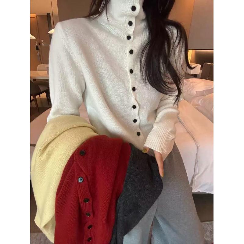 Women's High-Neck Wool Cardigan - Korean Style Single-Breasted Knit for Autumn/Winter