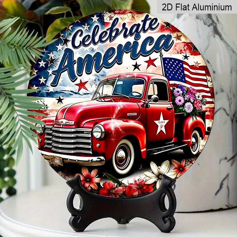 2D Flat, 1pc of Round Aluminum Sign with a Patriotic Theme Featuring a Floral Bouquet And a Red Truck, Perfect for Rustic Wall Art. Suitable for