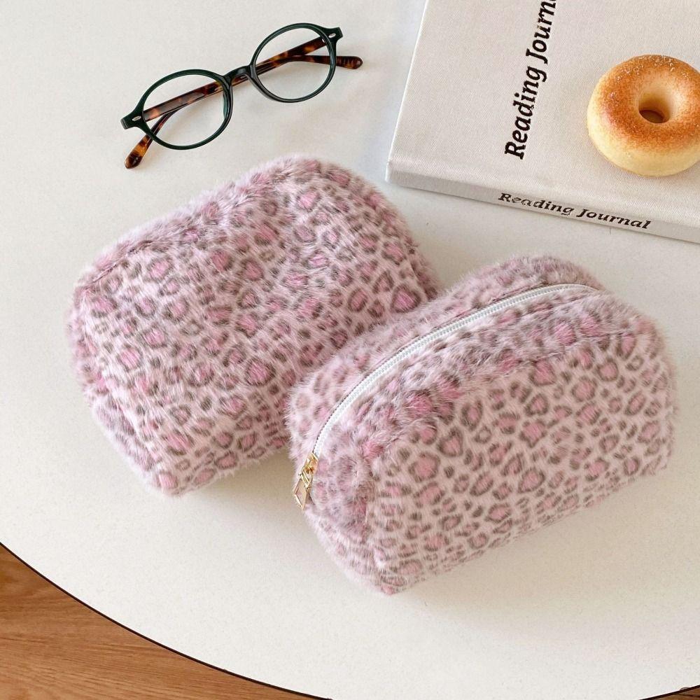 Portable Travel Cosmetic Bag Fuzzy Leopard Print Makeup Bag Large Capacity Toiletry Organizer Pouch for Women Girls