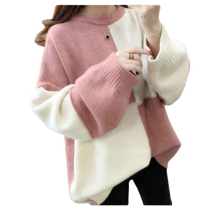 Autumn Winter Loose Pullover Sweater Top Women's Bottoming Contrast Knitted Sweaters