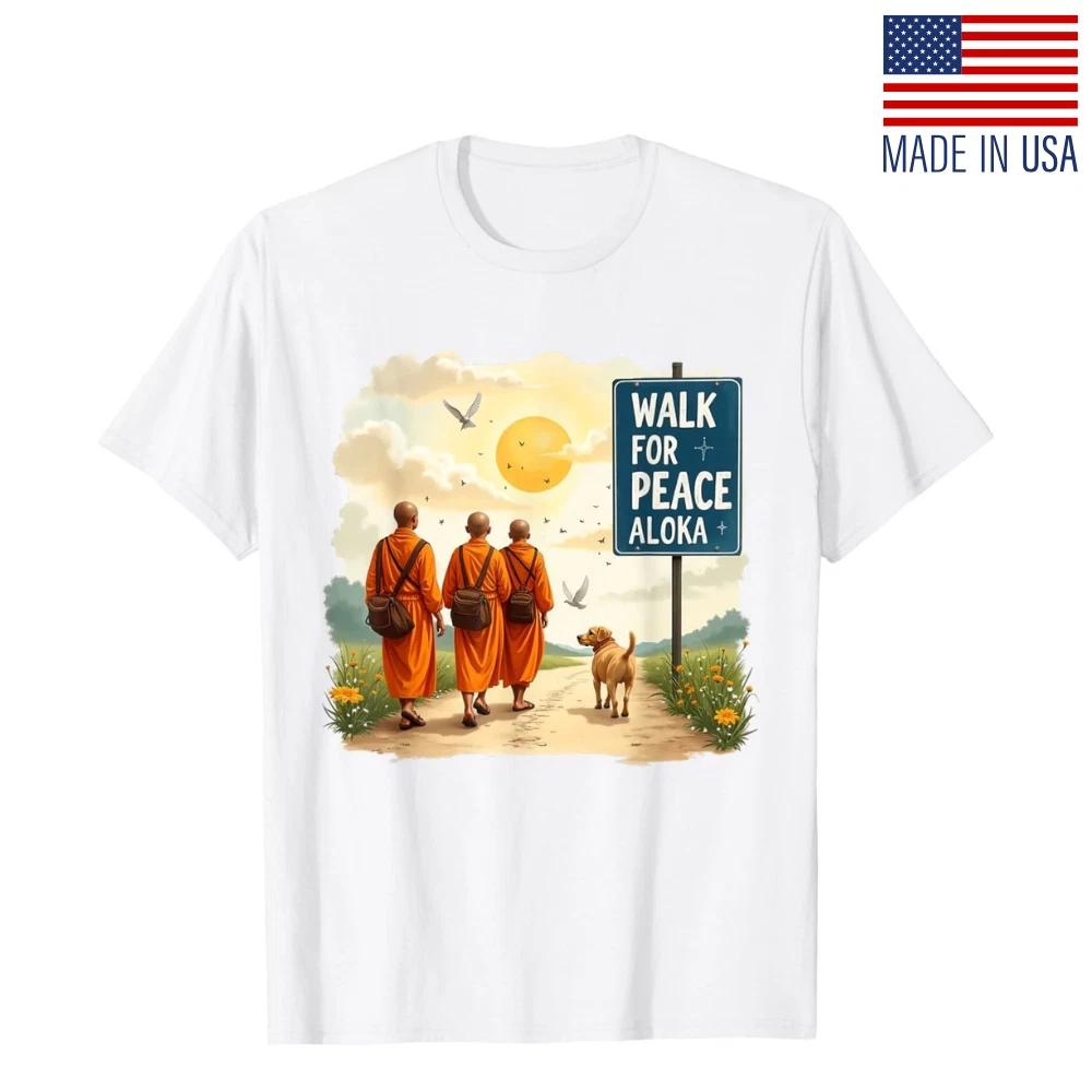 Walk for Peace Monks with Aloka Dog Graphic T-Shirt | Spiritual Art Unisex Tee 2XL