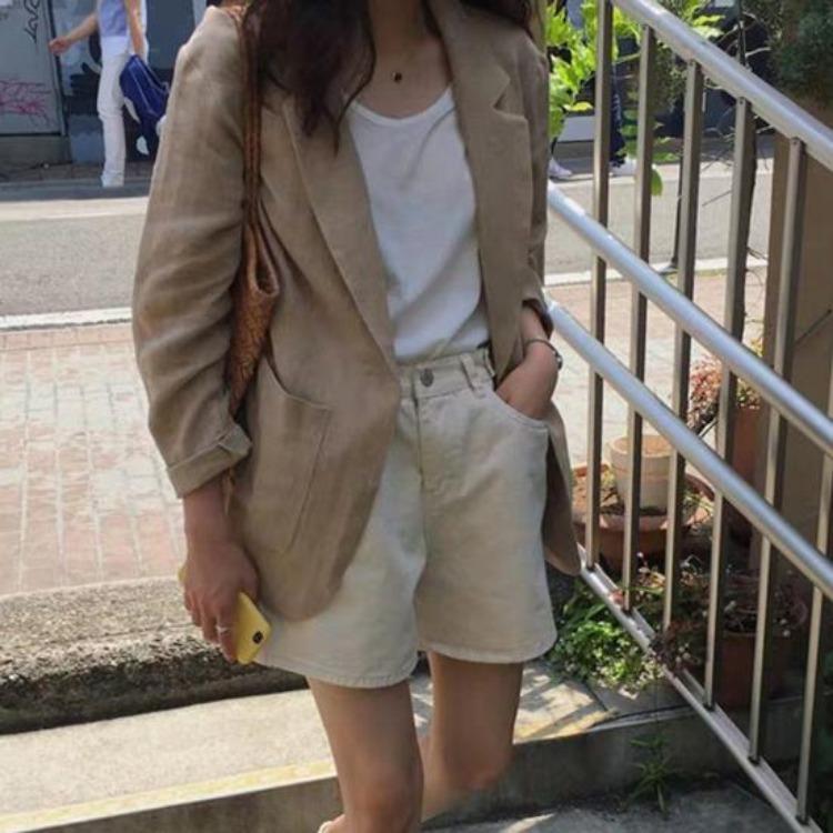 Women Casual Cotton Linen Blazer Jacket Long Sleeve OL Work Coat Suit for Spring Summer One Button Casual Office Wear