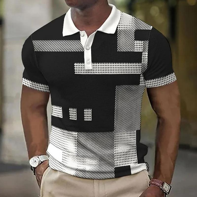 Trendy geometric pattern short-sleeve polo shirt, great for casual daily wear.