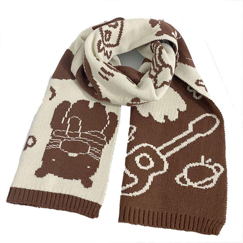Japanese Double sided Color blocked Guitar Bear Knitted Scarf for Women in Winter Soft and Waxy Warm and Versatile Sweet Scarf for Students