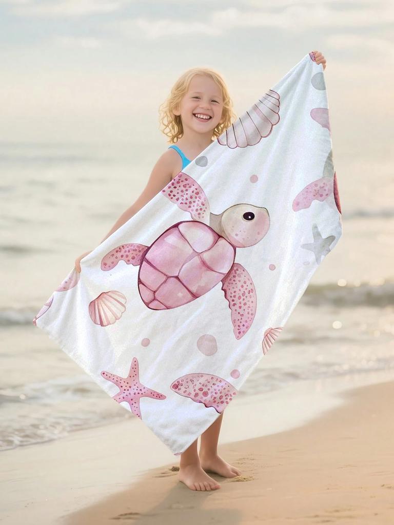 Minimalist ocean lifestyle printed beach towel-soft microfiber, quick drying, oversized fit beach towel, pink turtle beach towel