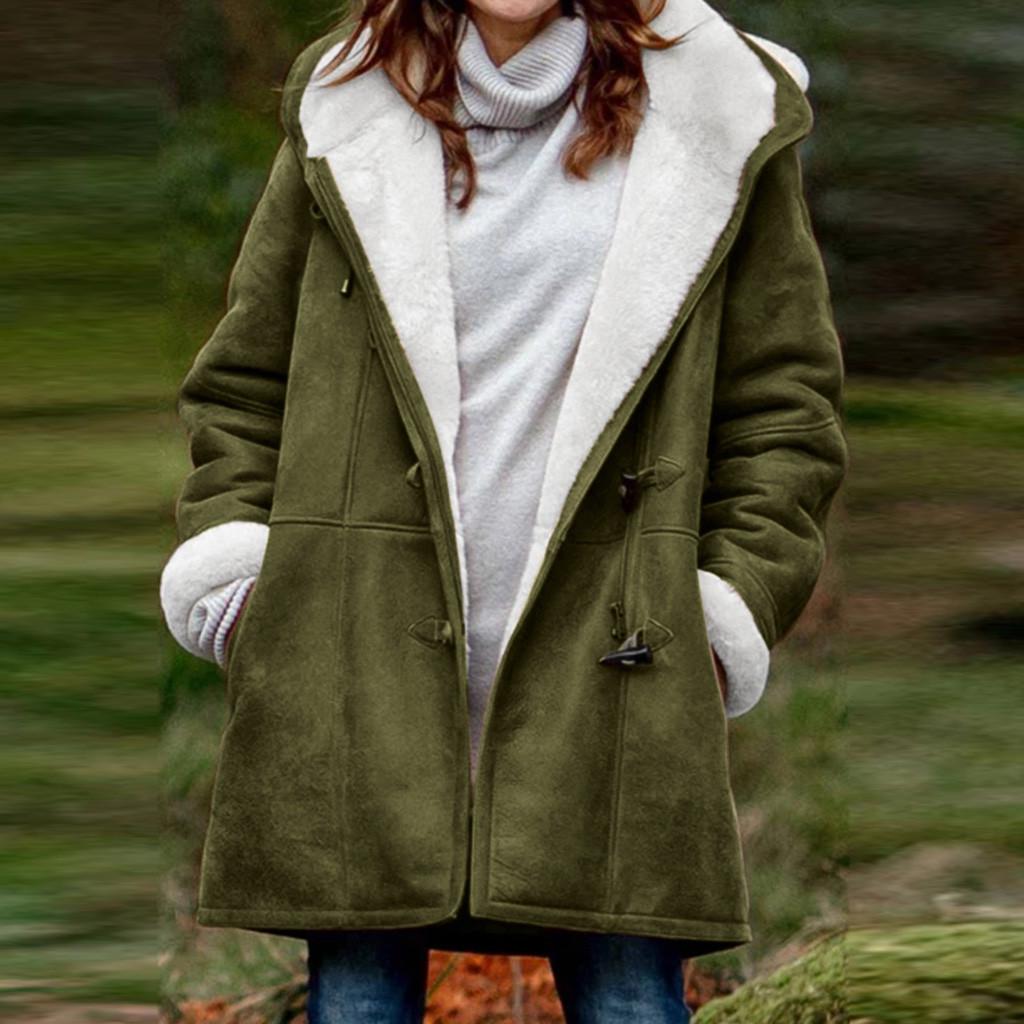 Femmes hiver grande taille solide Plus manteau de velours à manches longues corne boucle poche pardessus