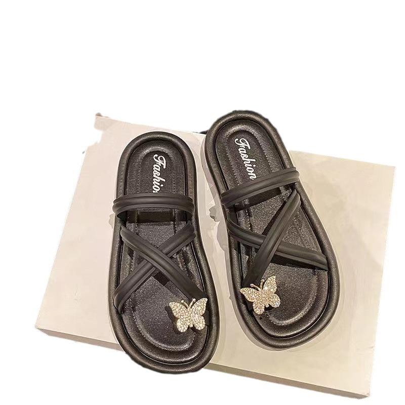Cool slippers women's summer fashion wear butterfly diamond shining versatile princess style toe slippers