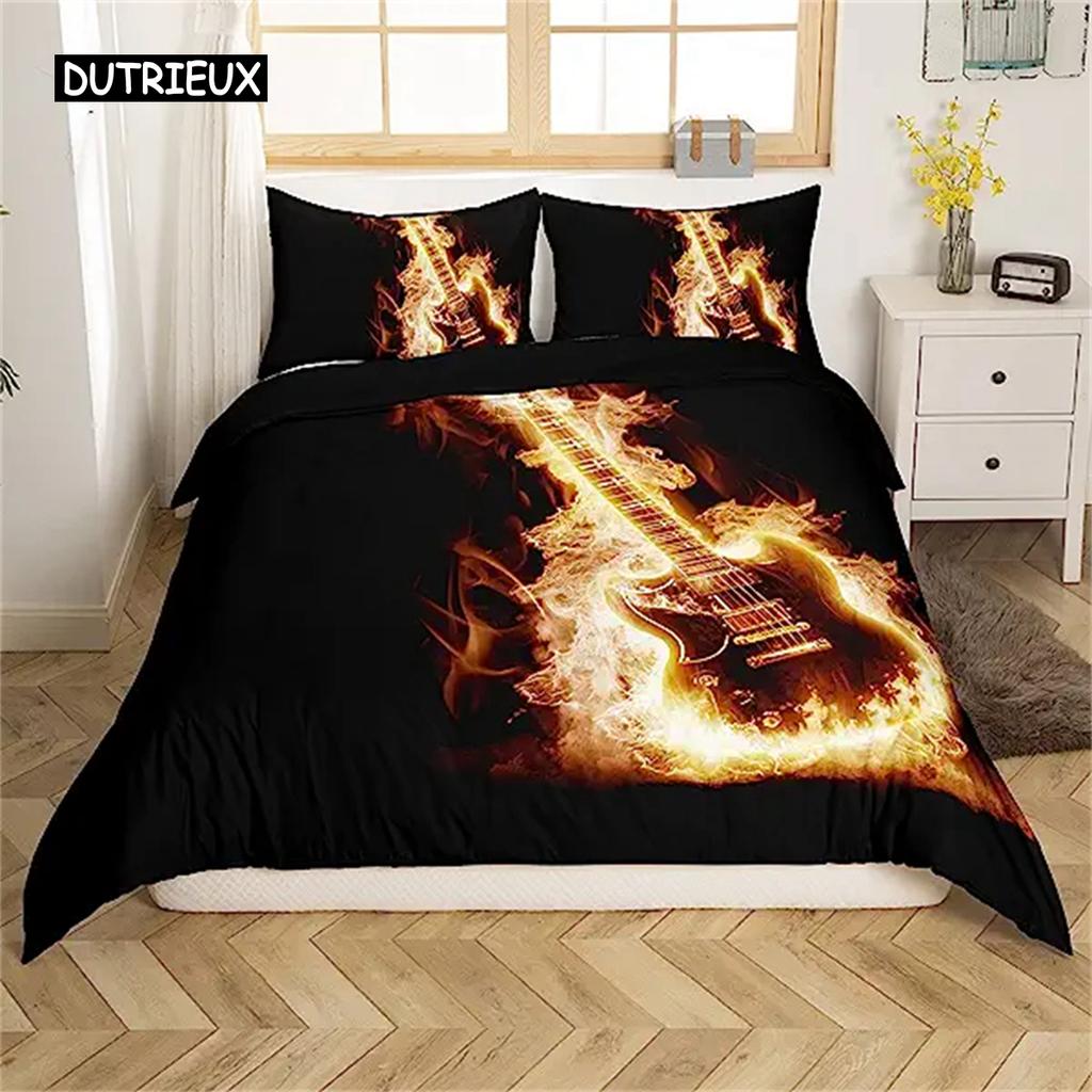 3D Rock Music Themed Guitar Colorful Duvet Cover Fire and Water Bedding Set Modern Gorgeous Microfiber Polyester for Boy Gifts