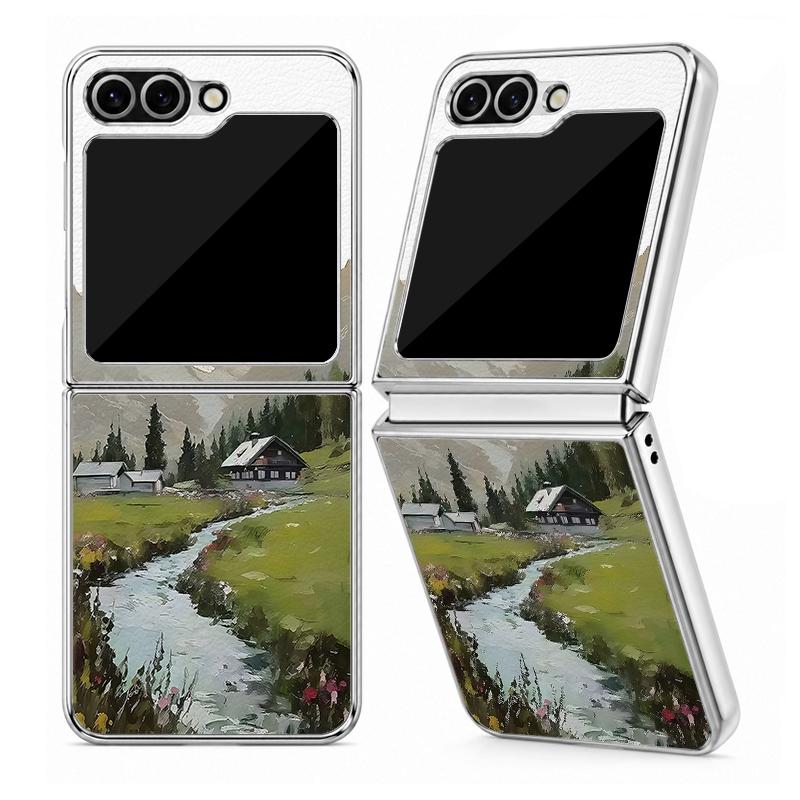 Mountain Valley Camping Art Case For Samsung Galaxy Z Flip 8 7 FE 6 5 4 Z Flip8 Flip7 Flip6 Flip5 Luxury Plating Leather Skin Phone Cover