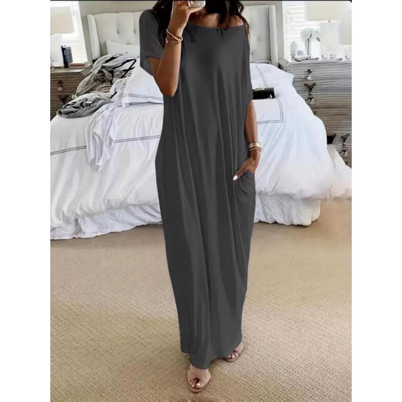 Popular European and American summer new women's clothing solid color short-sleeved long casual dress