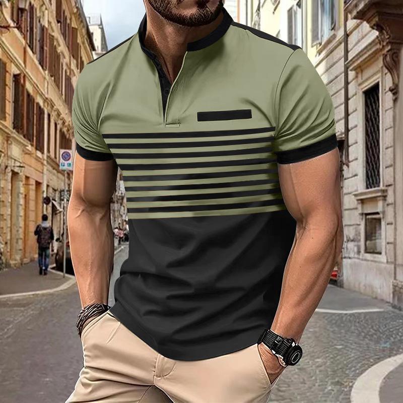 New Contrast-Striped Short-Sleeved Men's Casual Polo Shirt V-Neck Button-Front Top Men's Henley Shirt