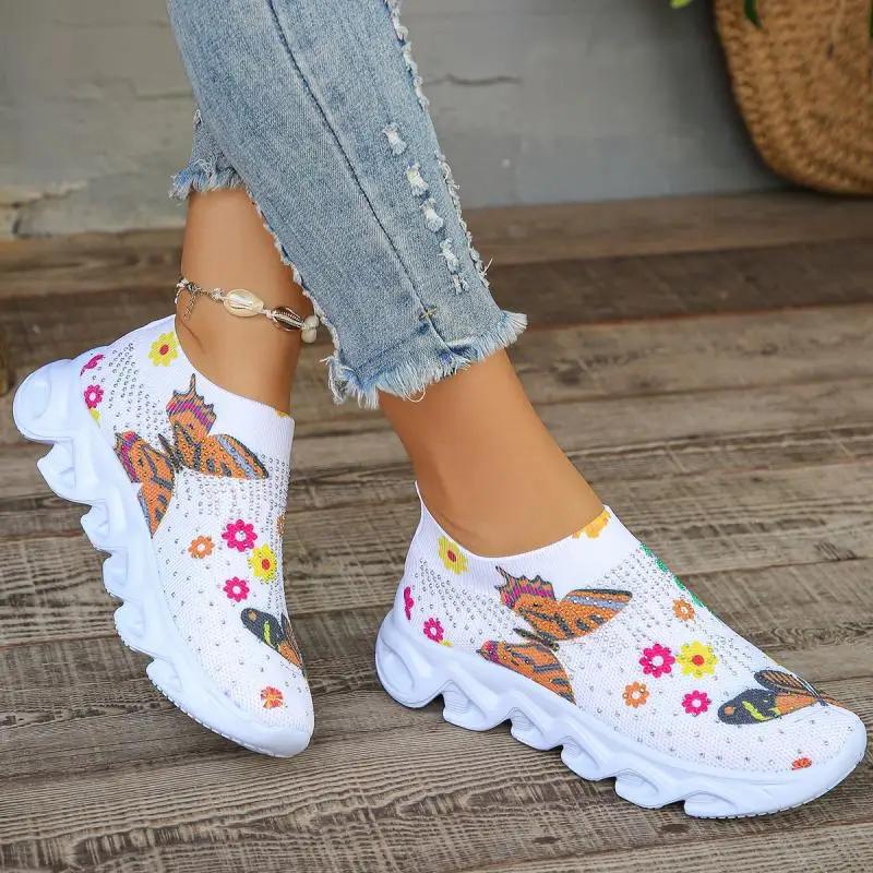 Multi Color Floral Print Chunky Heel Sneakers Women Rhineshion Mesh Sport Shoes Thick Platform Soft Comfort Woman Shoes
