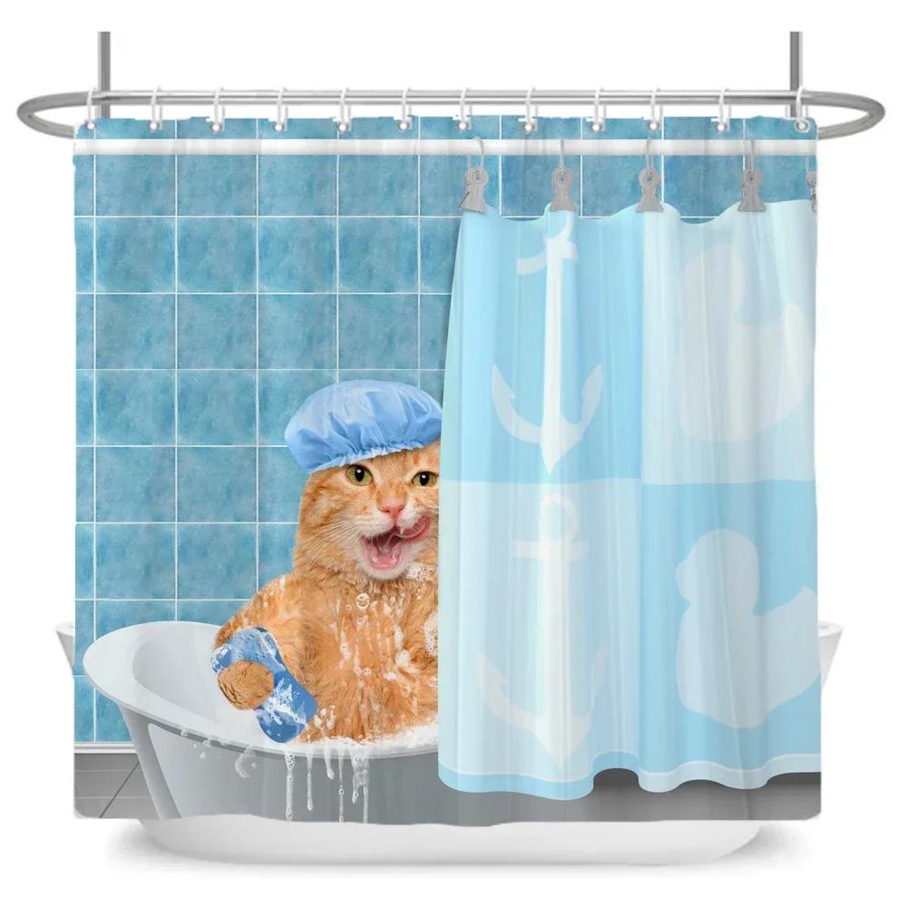 Funny Cute Cartoon Bathing Cat Dog Shower Curtains Bathroom Bathtub Decoration Waterproof Bath Curtain Home Decor With Hooks