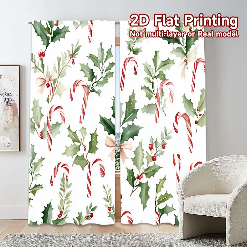 2pcs,Curtains Christmas Candy Cane Holly Botanical (3) Chic Curtains&Drapes Semi-Sheer Curtains Room Decor Perfect for Living