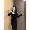 Autumn and Winter Retro Semi-turtleneck Off-the-shoulder Knitted Dress Femininity Waist-wrapped Hip Long Dress with Bottom Skirt
