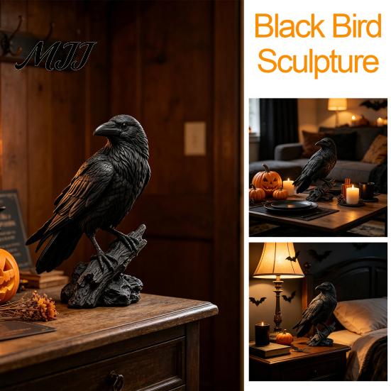 Realistische Rabenstatue Gotische Schwarze Krähe Figur, Harz für Halloween Tischplatte Innen Außen Vogel Dekoration, Dunkles Gruseliges Ornament Zuhause Büro Bücherregal