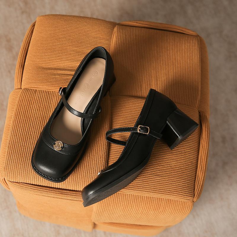 

Yuexinwang leather flat for Huizhou women s shoes Su Yinyin same shoes camellia thick heel new Mary Jane shoes women 34 чёрный