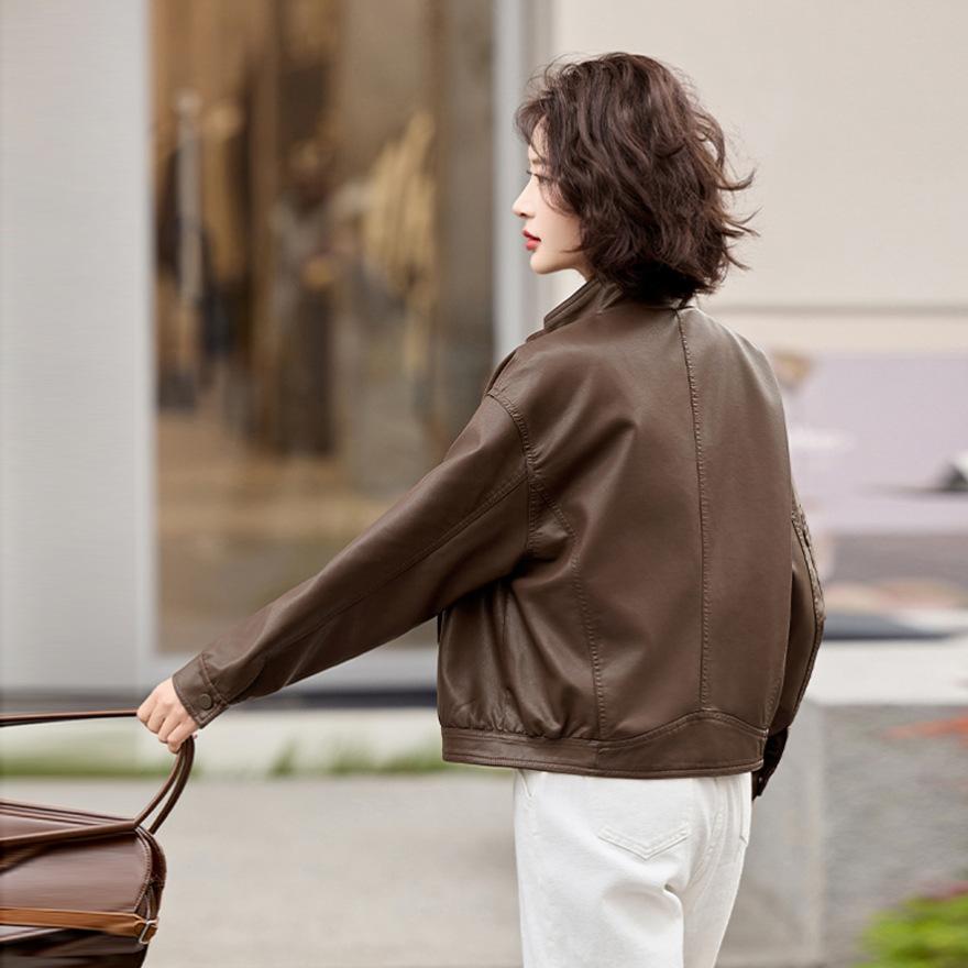 Stand-up collar leather jacket short women's spring and autumn new loose fashion jacket casual top