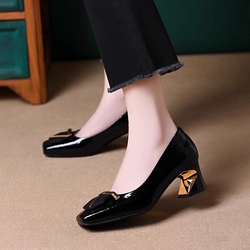 Single Shoes Women's Spring and Autumn New Middle Heel Soft Leather Thick Heel Comfortable Women's Shoes Shallow Mouth Square Head Temperament