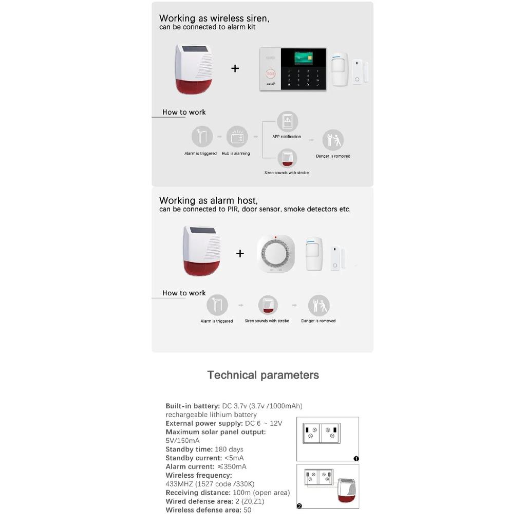 433MHz High Decibel Outdoor Solar-Powered Audible & Visual Alarm Waterproof Strobe For Smart Home Security Burglar Alarm System