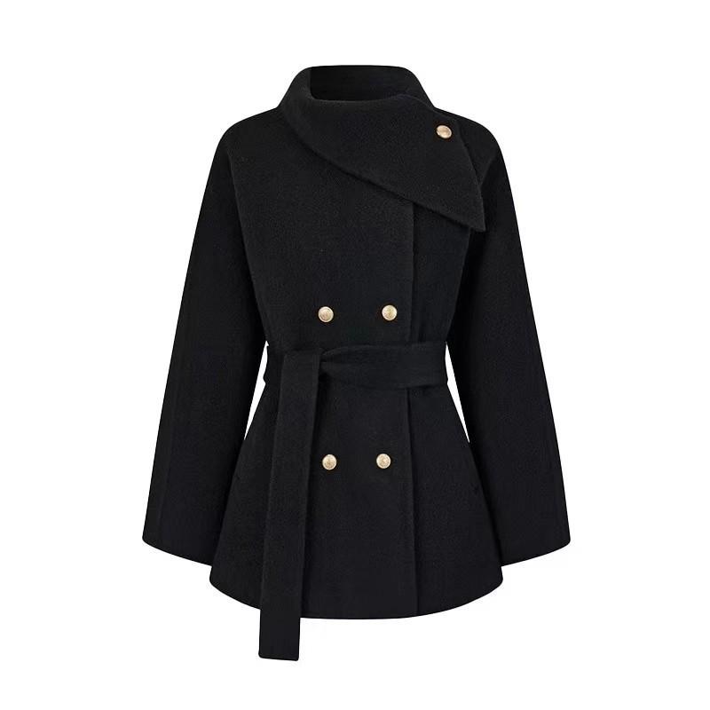French Elegant Trench Coat: Cinched Waist Wool Overcoat for Petite Women - Unique Autumn/Winter Design.