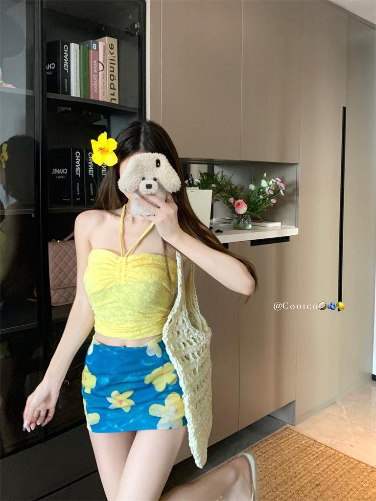 Women's Yellow Strappy Halter Tank Top and Bodycon Midi Skirt Set