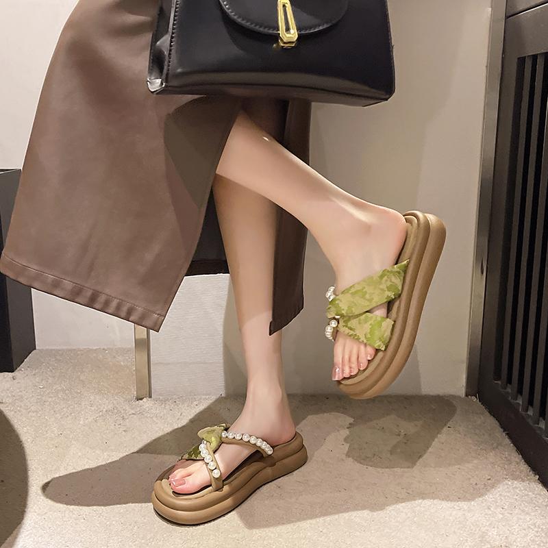 Fashion Aphixta Luxury Pearl Green Slippers Flat With Women Summer Shoes Outdoor Slides Flip Flop Muller Slippers Casual Beach Sandals