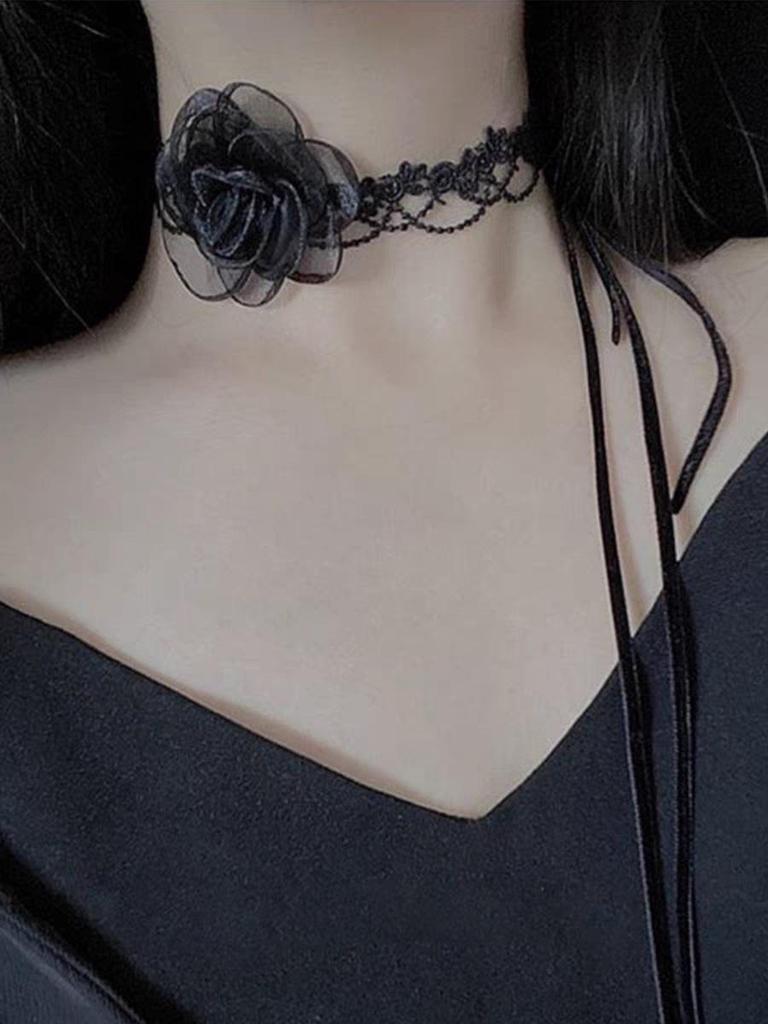Lolita Camellia Choker Necklace for Women - Dark Clavicle Chain, Maid Style Neckband Collar