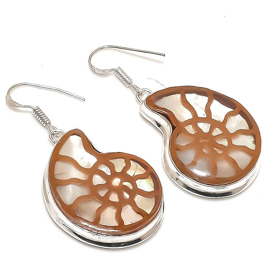 Ammonite Fossil Gemstone Handmade 925 Sterling Silver Jewelry Earring 2.01" j7d65