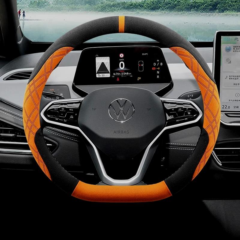 Suede Car Steering Wheel Cover for Volkswagen T-ROC R Taigo Touareg R Atlas R Taos T-Cross 2018 - 2023 2024 2025 Accessories