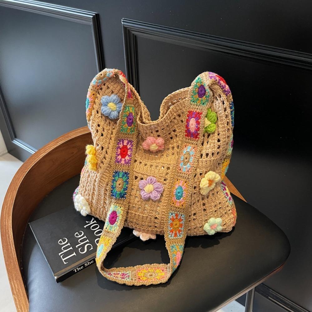 Fashion Large Capacity Women Shoulder Bag Butterfly Floral Crochet Hollow Out Knitted Handbag Vintage Multicolor Crossbody Bags