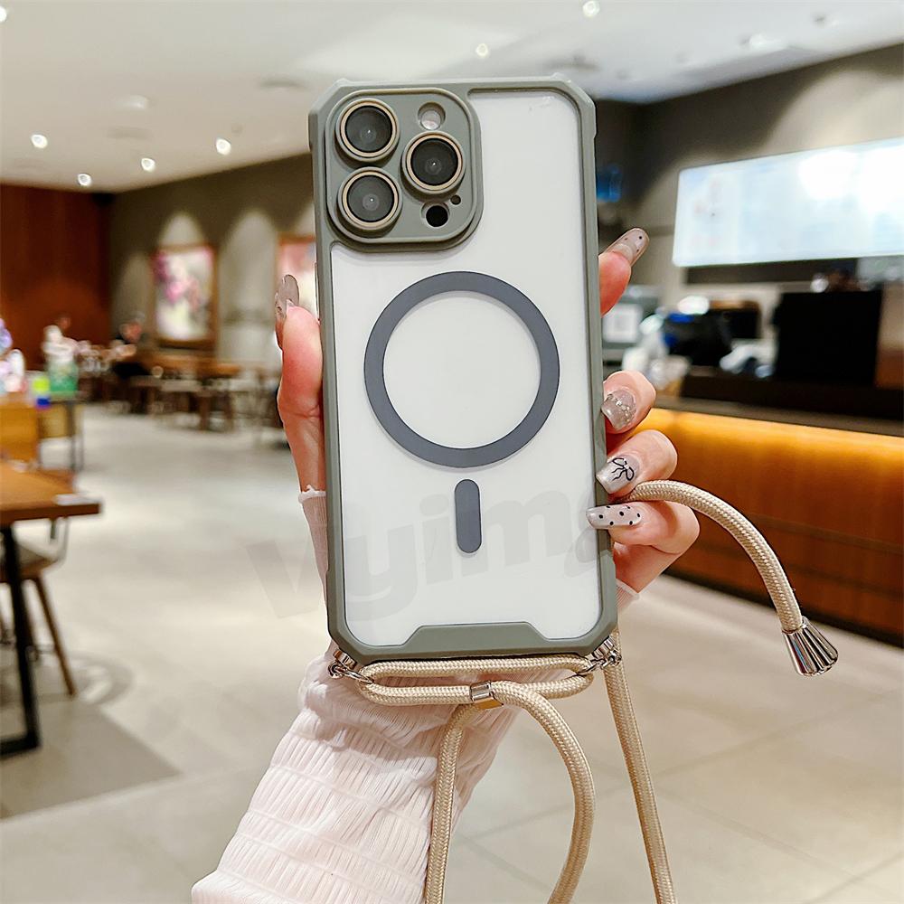 Carcasă de telefon transparentă magnetică cu curea pentru iPhone 15 14 13 12 11 Pro Max Plus pentru Magsafe Crossbody Lanyard Hard Acrylic Cover