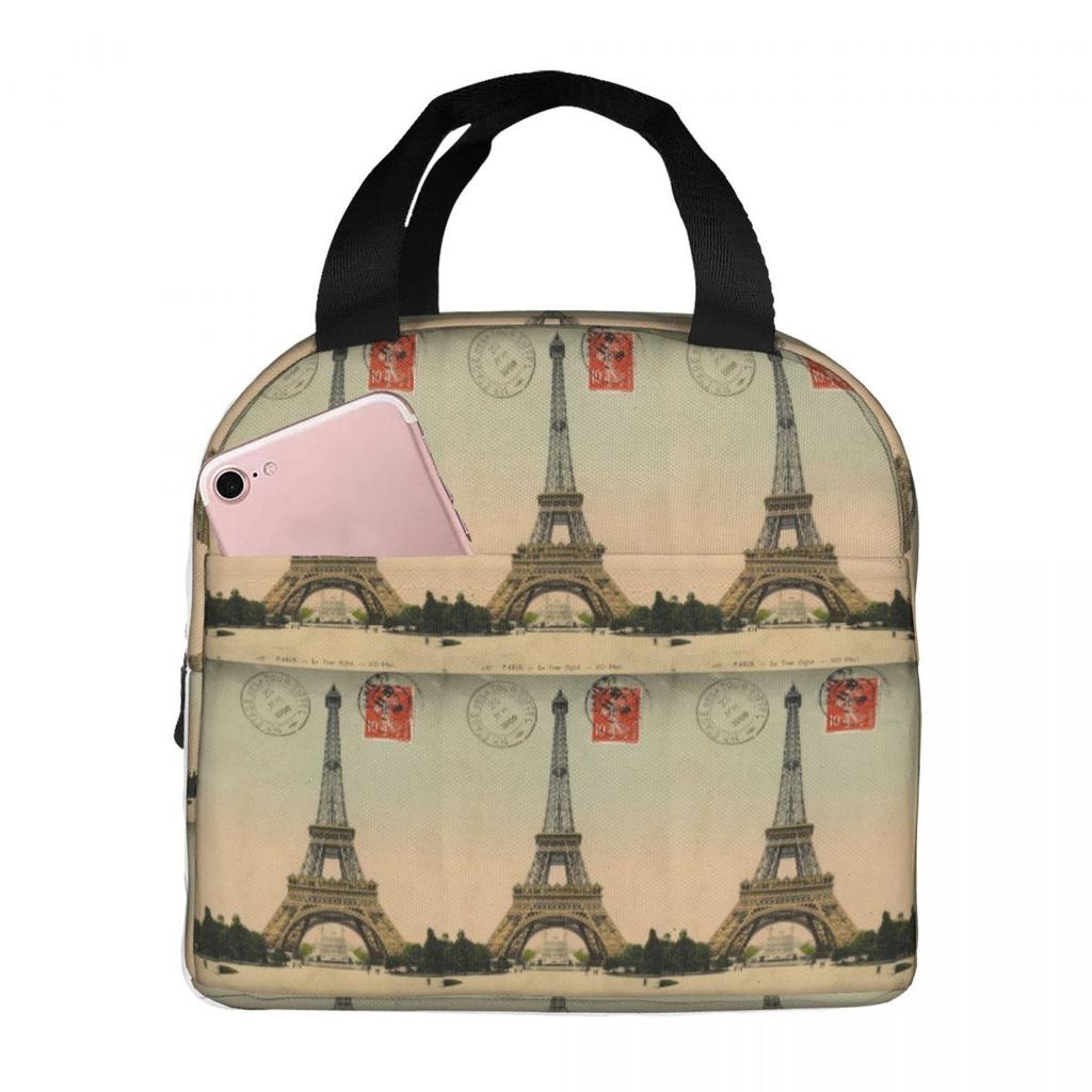 Eiffel Tower Vintage French Postcard Insulated Lunch Bag for Women Kids Leakproof Food Boxes Thermal Lunch Box Tote
