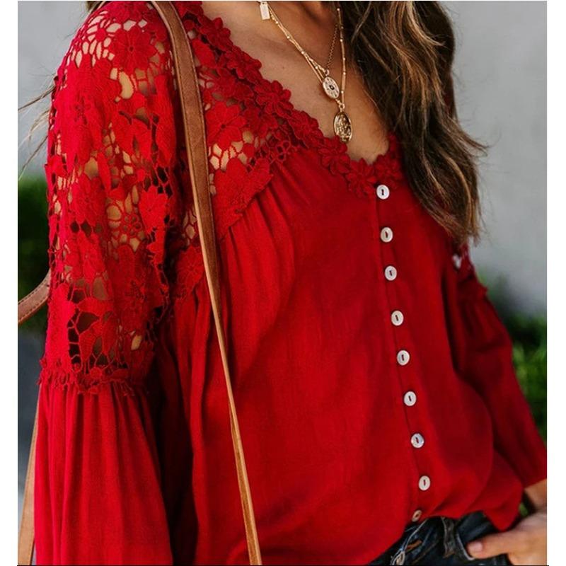 Lace Shirt Women's Shirts Vintage Solid Color V Sexy Splicing Buckle Horn Sleeve Blouses Top Women