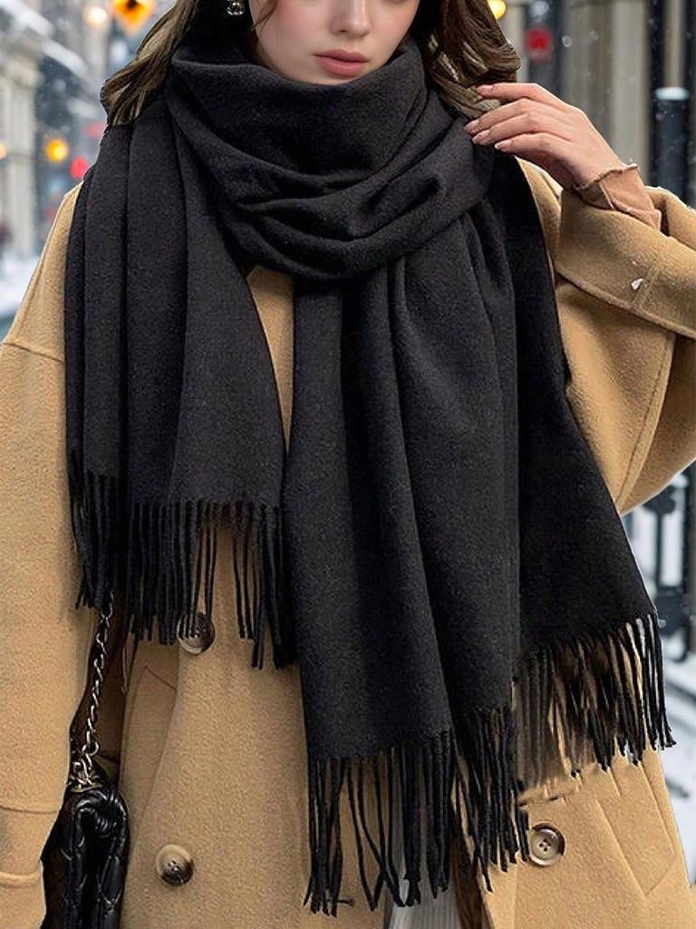 1pc Women's Fringe Cashmere Scarf, Thick Warm Shawl, Solid Colored, Multifunctional Neck Warmer, Autumn/Winter