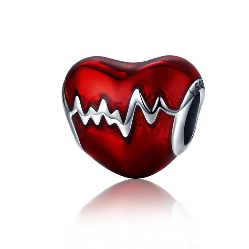 BAMOER New Arrival 100% 925 Silver Love Heart ECG & Red Enamel Beads Fit Charm Bracelets for Women Jewelry Gift SCC249